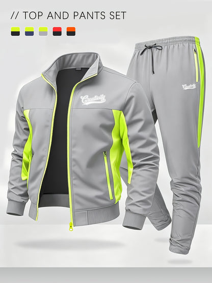 Men's Color Block Sportswear Set with Stand Collar Jacket & Pants