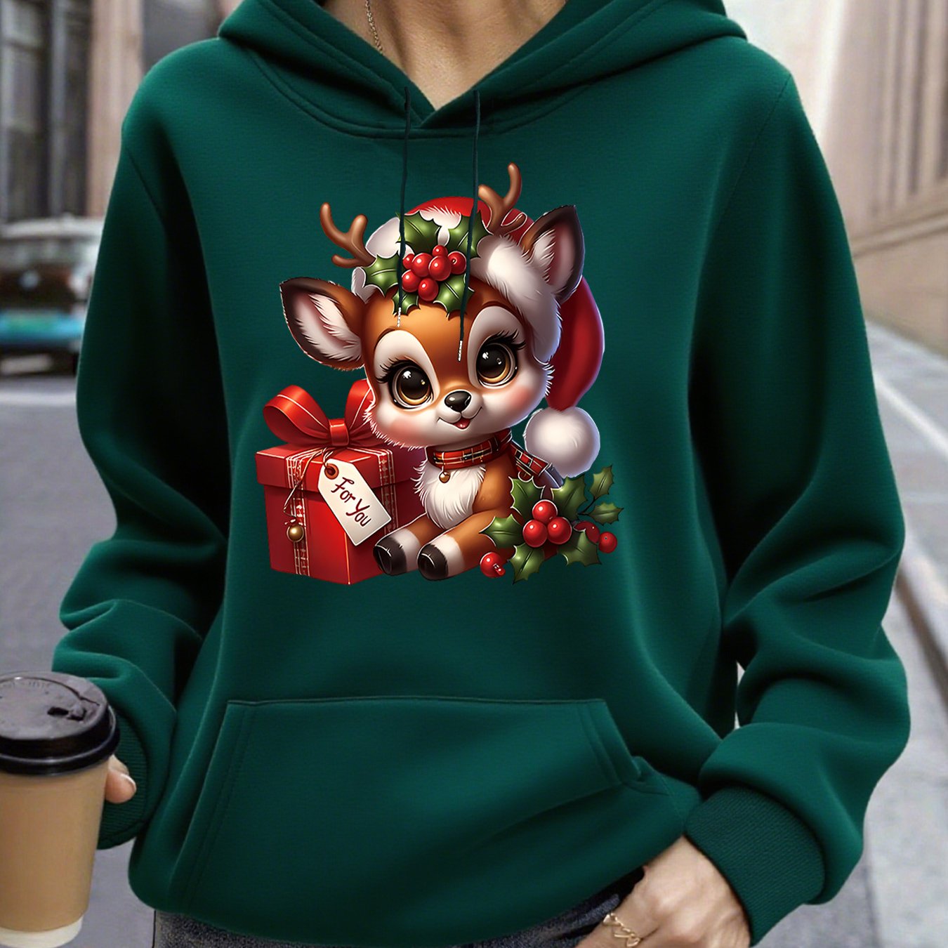 Women's Christmas Deer & Reindeer Print Hoodie - Cozy Winter Pullover Sweatshirt with Cute Deer Headband-Like Hood, Slim-Fit Casual Jacket for Holiday Parties, Xmas Outfits & Cold Weather (Machine Washable), Fall Clothes For