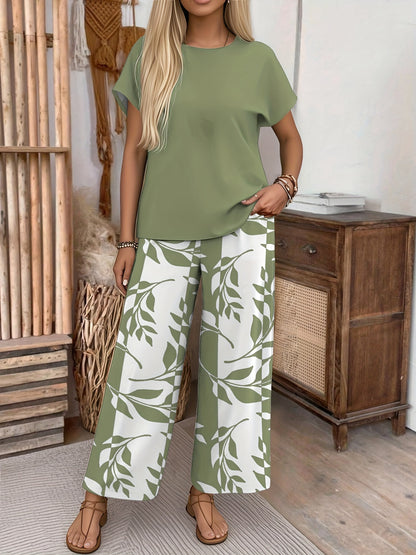 Women's Elegant 2-Piece Set: Bat Sleeve Tee & Wide-Leg Pants