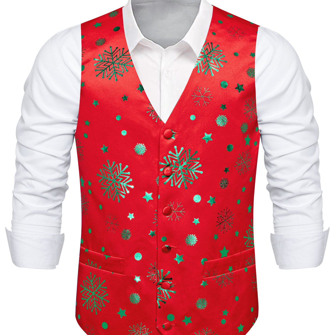 DOCAPEITON Men'S Christmas Vest - Formal & Casual Holiday Party Outfit with Button Front Closure, Non-Stretch Fabric - Green & Golden Snowflake, Tree, Firework Designs - Perfect for Xmas, New Year's, Weddings - Adult Men'S Fe