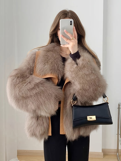 Women'S Elegant Fox Fur-like Plush Jacket - Winter Coat with Large Lapel Collar, Thick Warm Outerwear, Loose Fit H-Silhouette, No Belt Needed, for Everyday & Formal Events - Luxury Cold Weather Jacket, Ladies Winter Coats, Se