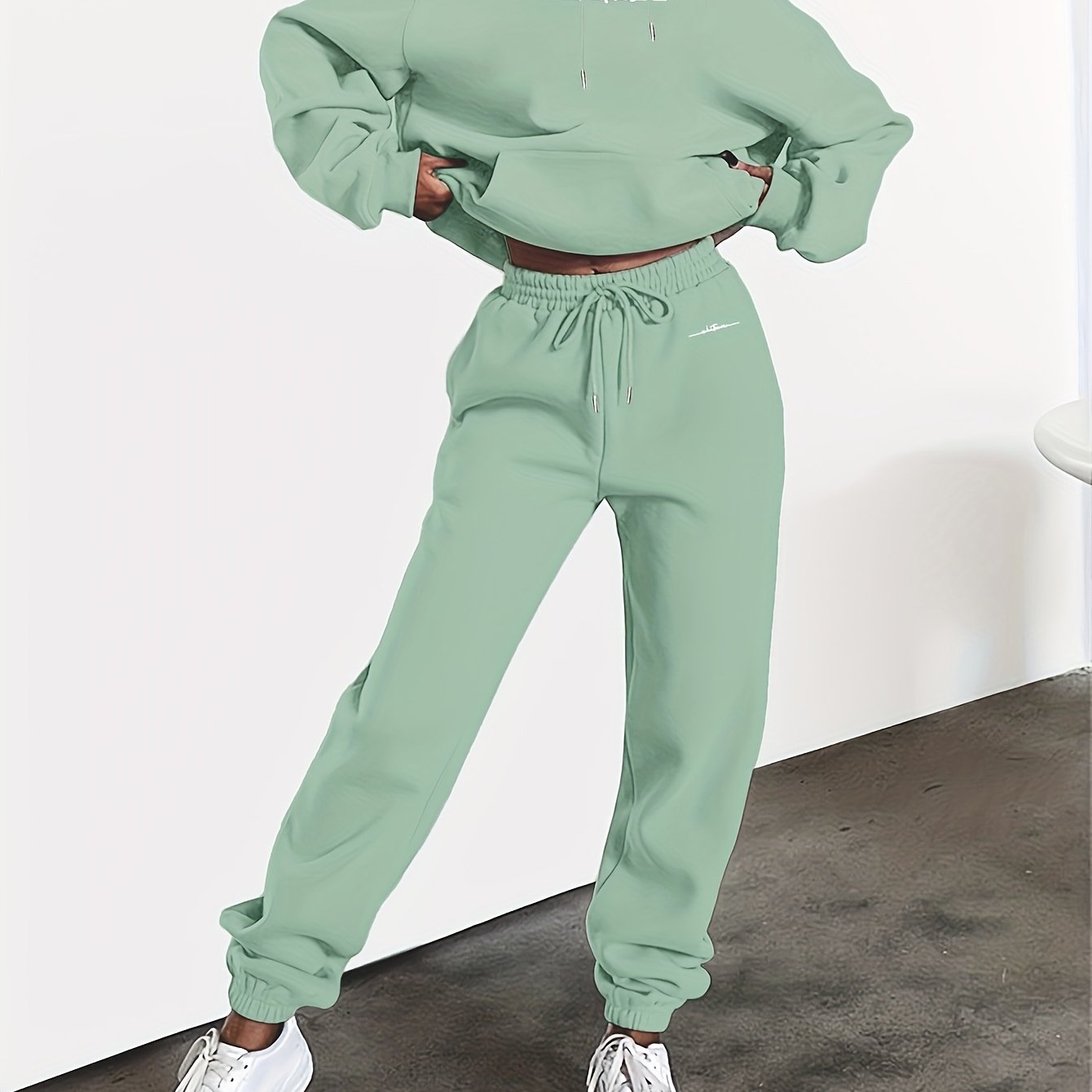 New Arrival Gray Print Women's Hooded Drawstring Sweatshirt and Pants Set, Autumn/Winter Warm Long-Sleeve Pullover with Hat, Machine-Washable Polyester, Versatile Outfit