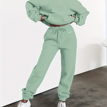 New Arrival Gray Print Women's Hooded Drawstring Sweatshirt and Pants Set, Autumn/Winter Warm Long-Sleeve Pullover with Hat, Machine-Washable Polyester, Versatile Outfit
