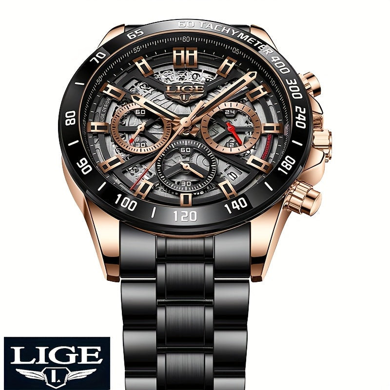 LIGE Watch, Fashion Teen Men's Watches, Multifunctional Stainless Steel Quartz Watches, Waterproof Watches, for Sports, College Various Scenes, Holiday Gifts, Party Gifts, Birthday Gifts, Black Blue Watches