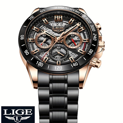 LIGE Watch, Fashion Teen Men's Watches, Multifunctional Stainless Steel Quartz Watches, Waterproof Watches, for Sports, College Various Scenes, Holiday Gifts, Party Gifts, Birthday Gifts, Black Blue Watches