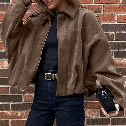 Women'S Vintage Bomber Jacket - Loose Fit Long Sleeve Zip-Up with Drop Shoulder Design, Brown Casual Outerwear for Fall/Winter, Non-Stretch Fabric, Perfect for Casual Attire, Autumn Winter Jacket | Vintage Bomber Style | Zipp