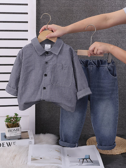 Boys' Classic Striped Navy Shirt & Jeans Set for Spring/Fall