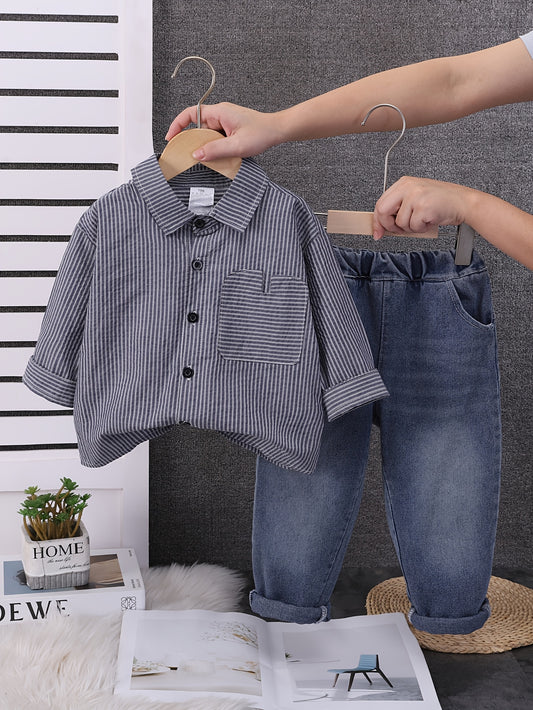 Boys' Classic Striped Navy Shirt & Jeans Set for Spring/Fall