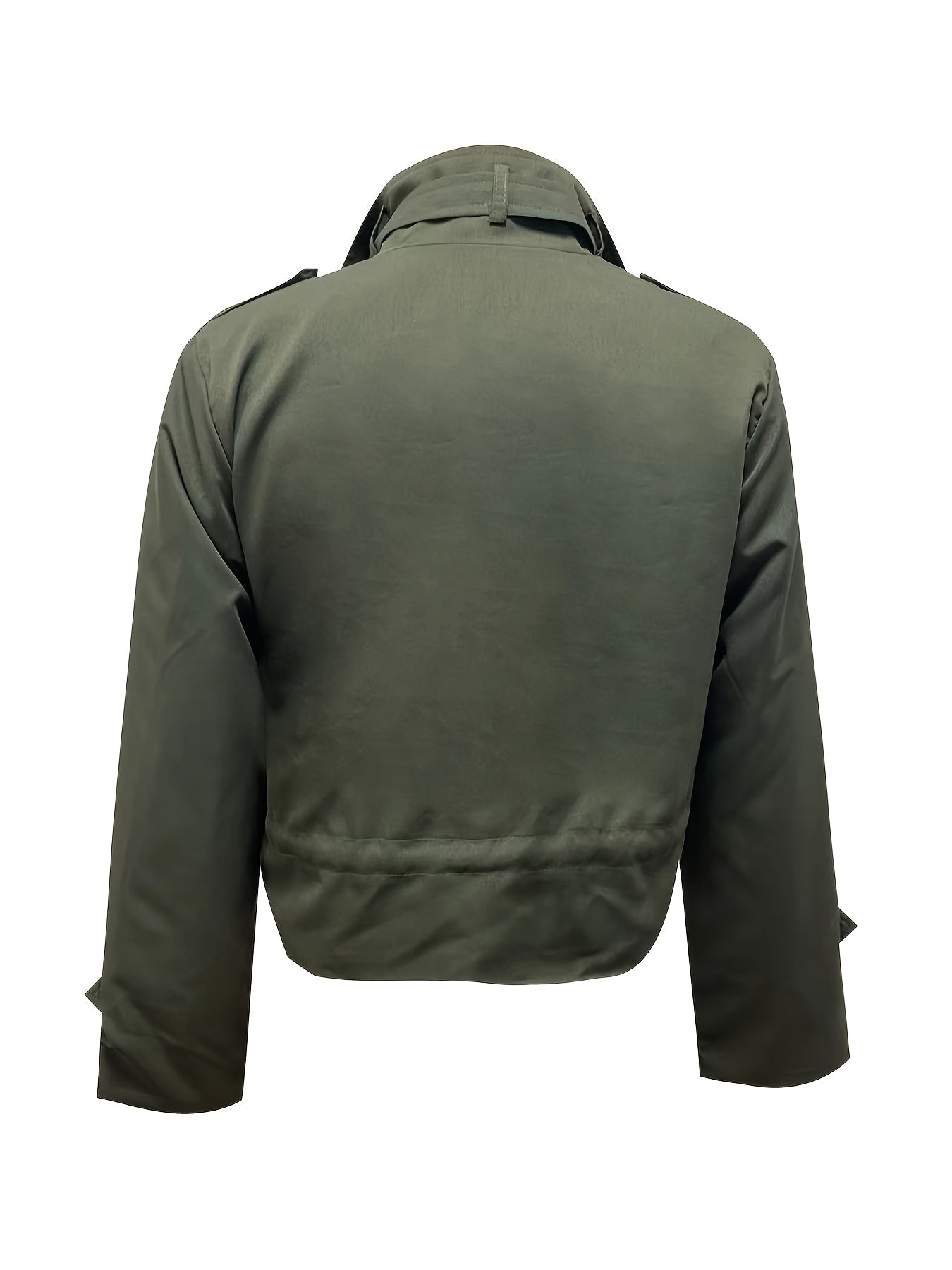 Spring and Autumn Women's Multi-Pocket Work Jacket, Stand Collar Design with Drawstring Waist - Versatile Fashion Coat for Various Occasions