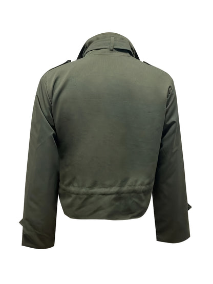 Spring and Autumn Women's Multi-Pocket Work Jacket, Stand Collar Design with Drawstring Waist - Versatile Fashion Coat for Various Occasions