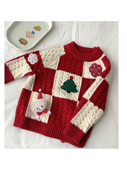 ' Red & White Cable- Sweater Jacket - Cute Scottish-Inspired Boys & Girls Winter Coat, Machine Washable Round Neck Cardigan for Christmas, New Year & Casual Attire ( to)