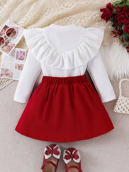 Girls' White Ruffled Sleeve Top & Red Pleated Skirt Set - Sweet Princess Style, Round Neck, Lightweight & Breathable Fabric, Perfect for Spring/Fall, Includes Matching Bow Tie, Ideal for Casual or Special Occasions, Princess