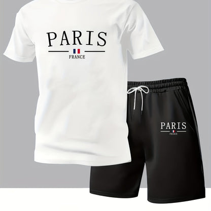 Paris Gradient Letter Print Men's Two-Piece Set: Crew Neck Short Sleeve T-Shirt and Drawstring Shorts Summer Casual Sportswear