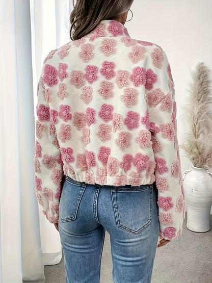 Women's Elegant Pink Floral Jacket - Non-Stretchy Blazer-like Coat, Machine Washable Outerwear for Fall/Spring, Office, Parties & Everyday Chic Outfits, Party Attire, Durable Zipper Closure