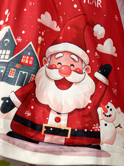 Festive Toddler Girl's Long Sleeve Ruffle Trim Dress with Santa and Snowman Print - Polyester Blend with Slight Stretch, Casual Knit Fabric Playwear for Spring/Fall