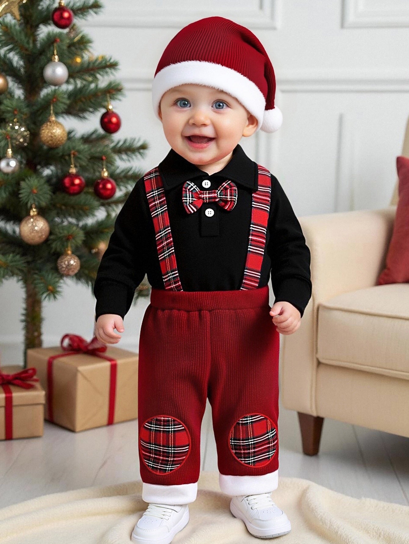 Boys' Turtleneck Long Sleeve Hoodie + Waffle Knit Spliced Suspender Pants + Hat 3pcs Set, Perfect for Outdoor