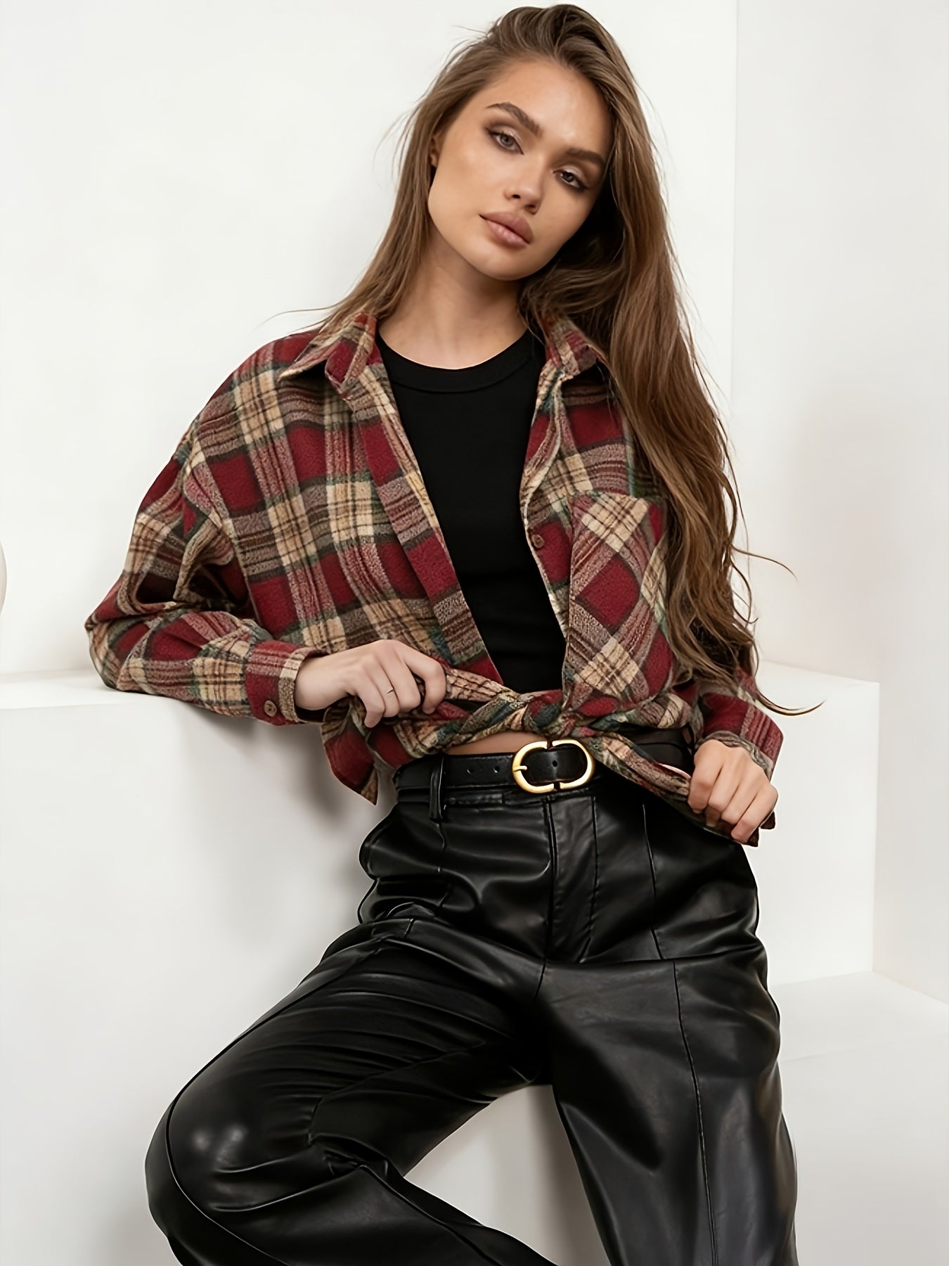Plaid Long Sleeve Women's Casual Blouse with Lapel Collar