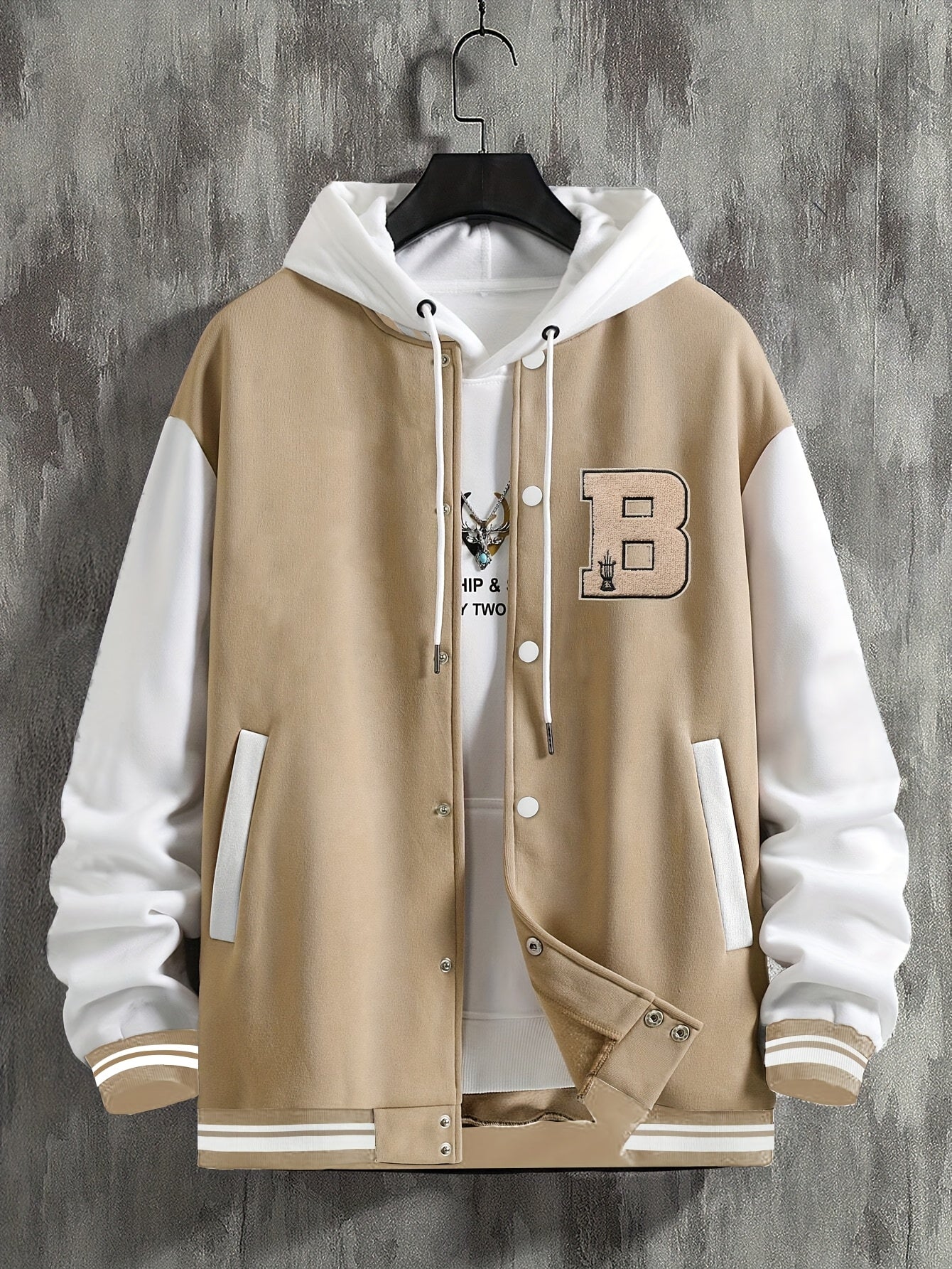 Men'S Baseball Jacket with Letter B Lettering - Navy & Golden Accent Casual Streetwear, Button-Front Closure, Regular Fit Fall/Winter Outerwear, Baseball Jacket