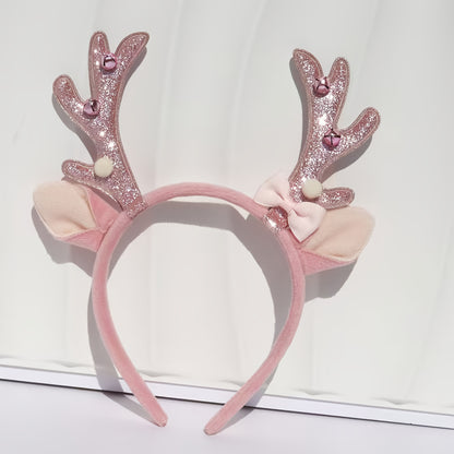 1pc Women's Elegant & Cute Deer Headband with Glittery Antlers, Pink Bow & -like Beads - Pastel Pink Soft Hair Band for Christmas Party, New Year's Eve, Casual Attire - Comfortable Hair Accessory for Women & Teens