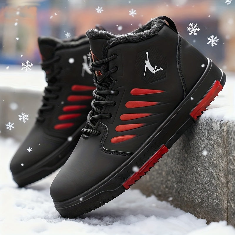 Men'S Winter Warm Thermal Skate Shoes - Mid-Calf Height, Thick PVC Sole & Lace-Up Closure, All-Season Casual Sneakers with Red Accent - /Red Colorway, Thick Sole Shoe, Durable Footwear, Sleek Design, Outdoor Footwear, Winter