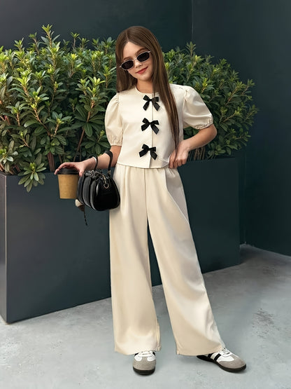Girls' Polyester Bubble Sleeve Top & Straight-Leg Pants Set