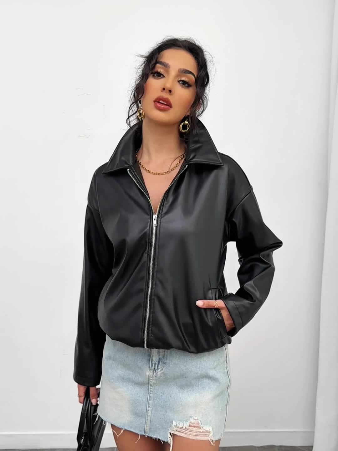 Women's Stylish Black Jacket - Casual Zip-Up with Lapel Collar, Long Sleeves & Side Pockets for Spring/Fall