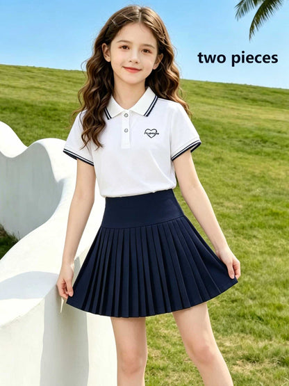 Girls' Preppy Short Sleeve Polo and Pleated Skirt Set