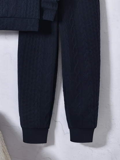 Youth 's Fashion Thickened Jacquard Fabric Grey White Navy Contrast Stitched Hoodie Sweatshirt + Comfortable Drawstring Casual Pants Two-Piece Set, Perfect for Outdoor Activities, Perfect for Outdoor