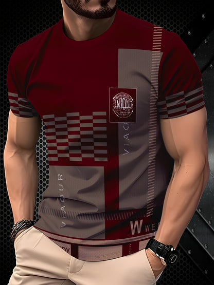 Men'S Navy  Brown Plaid Short Sleeve T-Shirt - "Union" Logo, Casual Crew Neck, All-Season Comfort, Regular Fit, Casual Attire   Plaid Pattern Top   Glossy Finish, PLUS SIZE