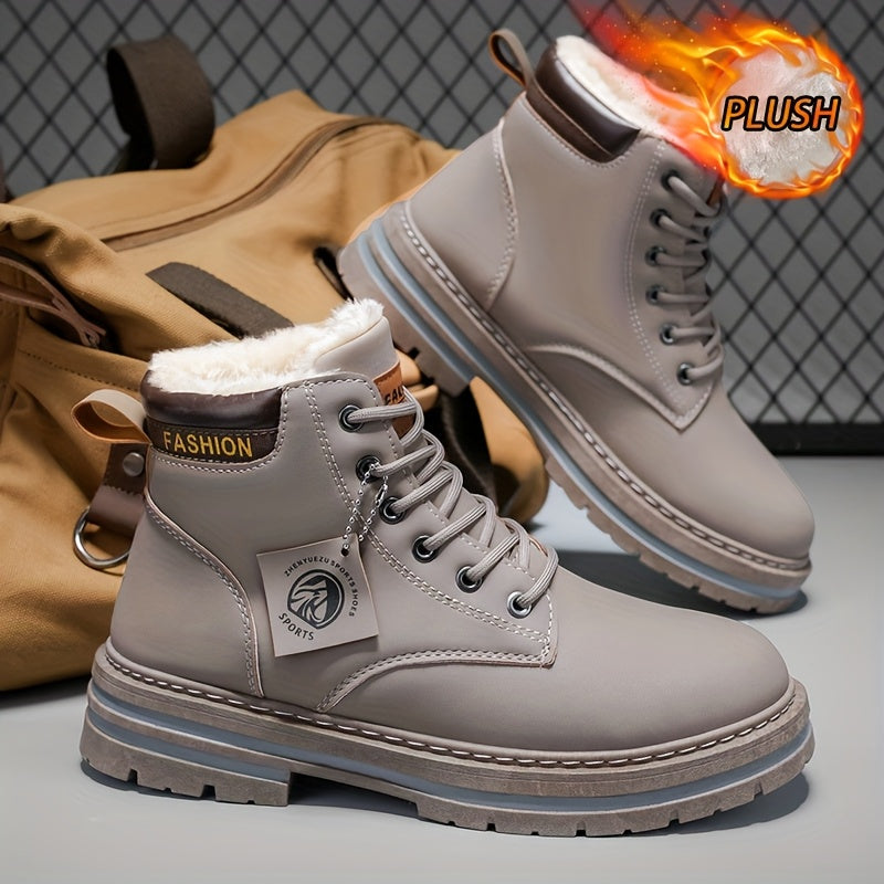 Men's Snow Sports Training Shoes for Autumn and Winter, Featuring a Plush-lined Thick Design for All-over Comfort. Soft, Light Beige-friendly, and Thickly Insulated for Warmth, Suitable for Various Winter Leisure Activities.