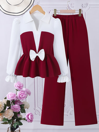 ' Fashionable Autumn Elegant Lapel Bow-Decorated Long-Sleeved Shirt And Straight Wide-Leg Trousers Two-Piece Set, for Outdoor