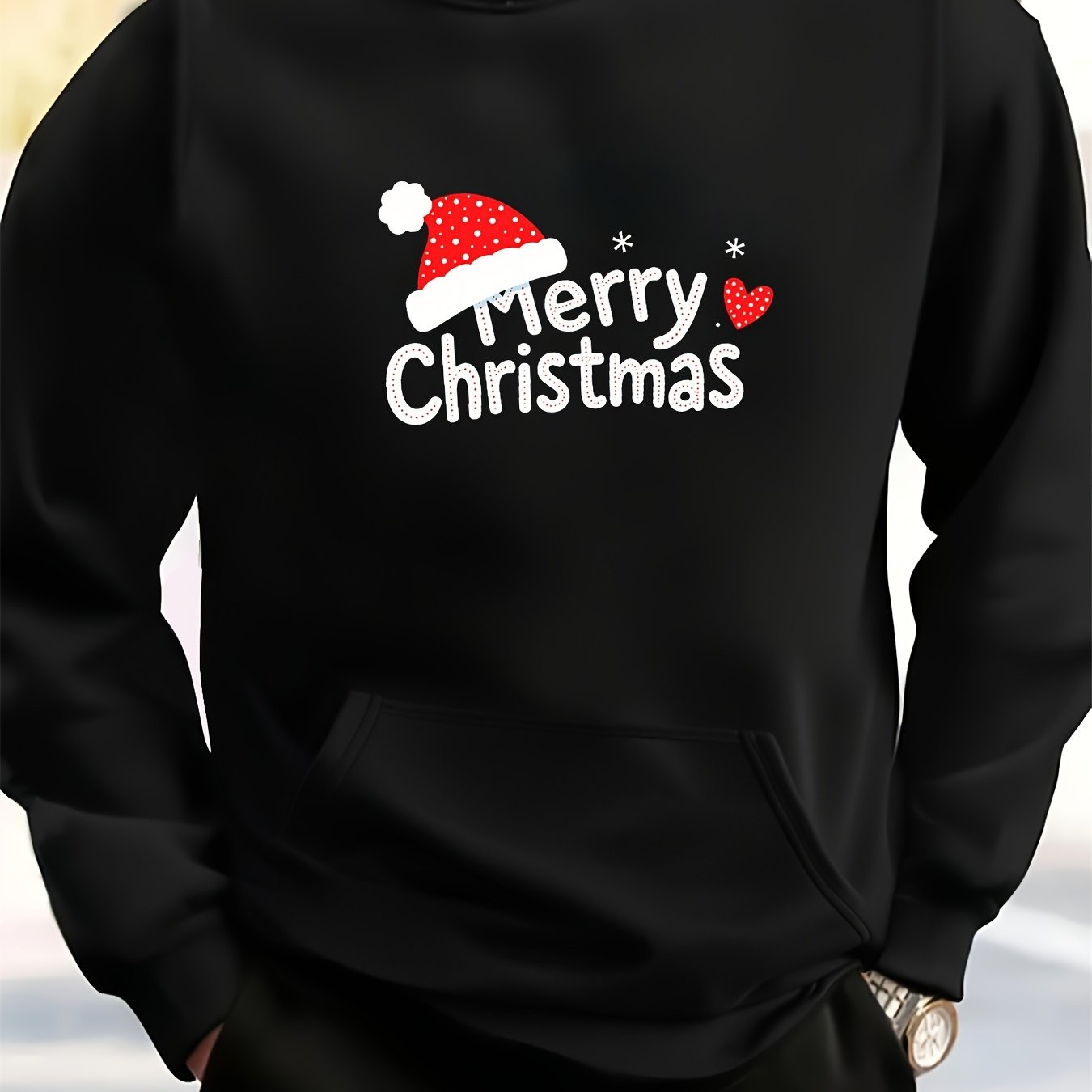 Men's White Christmas & New Year Oversized Sweatshirt - Long Loose Fit Casual Sweater with Pocket, Red Polka Santa Hat & Holly Berry Logo, Pink Heart Accent - Holiday Party Winter Wear (Machine Washable)