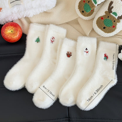1 Pair Women's Cozy Furry Winter Thermal Socks - Thick Warm Plush Polyester with Festive Snowman, Gingerbread & Reindeer Embellishments, Soft Round Toe & Heel, Hand Wash Only - Christmas & New Year's Party Socks for Cold Weat