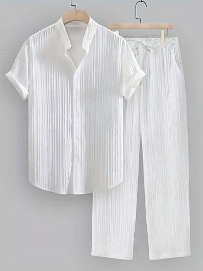 Men's Summer Casual Athletic Set - Short Sleeve Shirt & Drawstring Pan