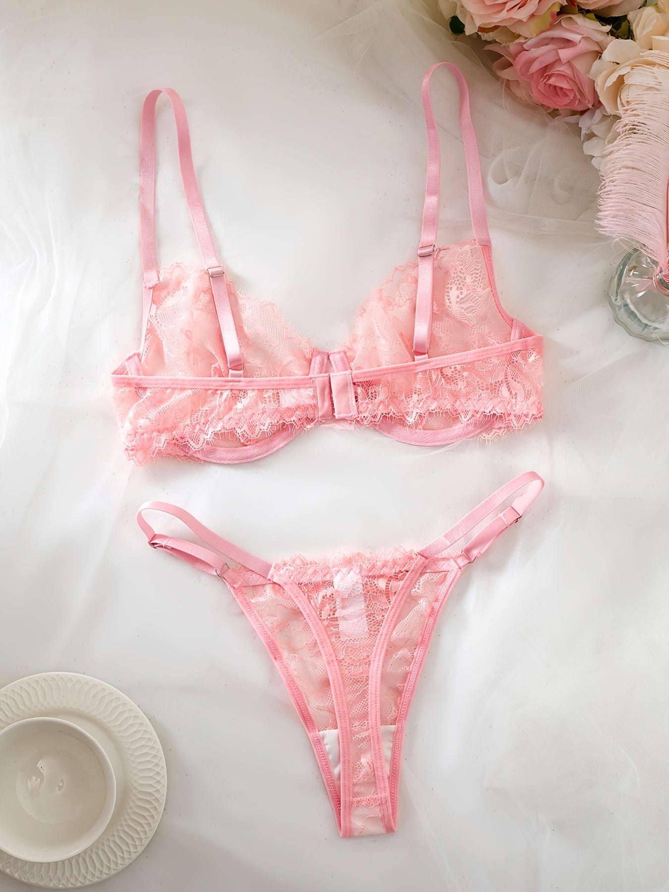 Sexy Lace Eyelash Strappy Lingerie Set for Women