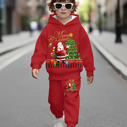 2pcs Boys' Christmas Hoodie & Sweatpants Set - Red Santa Claus & Reindeer Print, 3D Christmas Gift Design, Long Sleeve Pullover & Joggers, Casual Spring/Fall Outdoor, for Outdoor