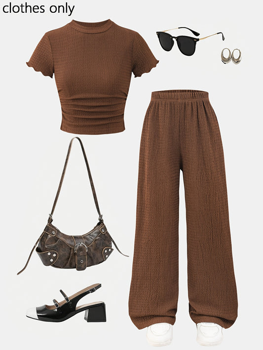 Girls' Spring Summer Slim Knit Top & Wide-Leg Pants Set