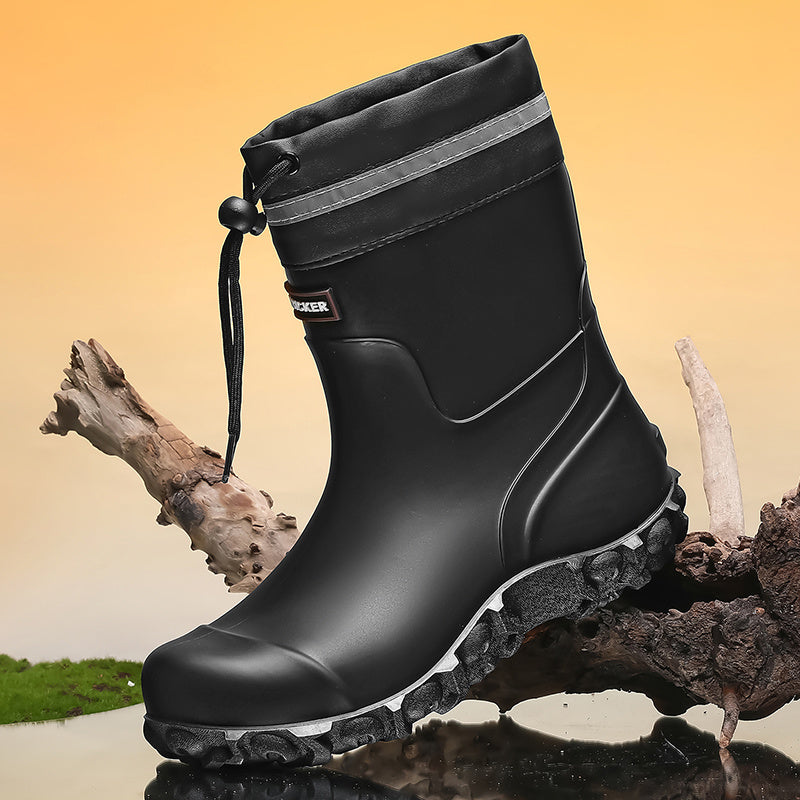 Men's Waterproof PU Rain Boots with Fleece Lining, Mid-Calf