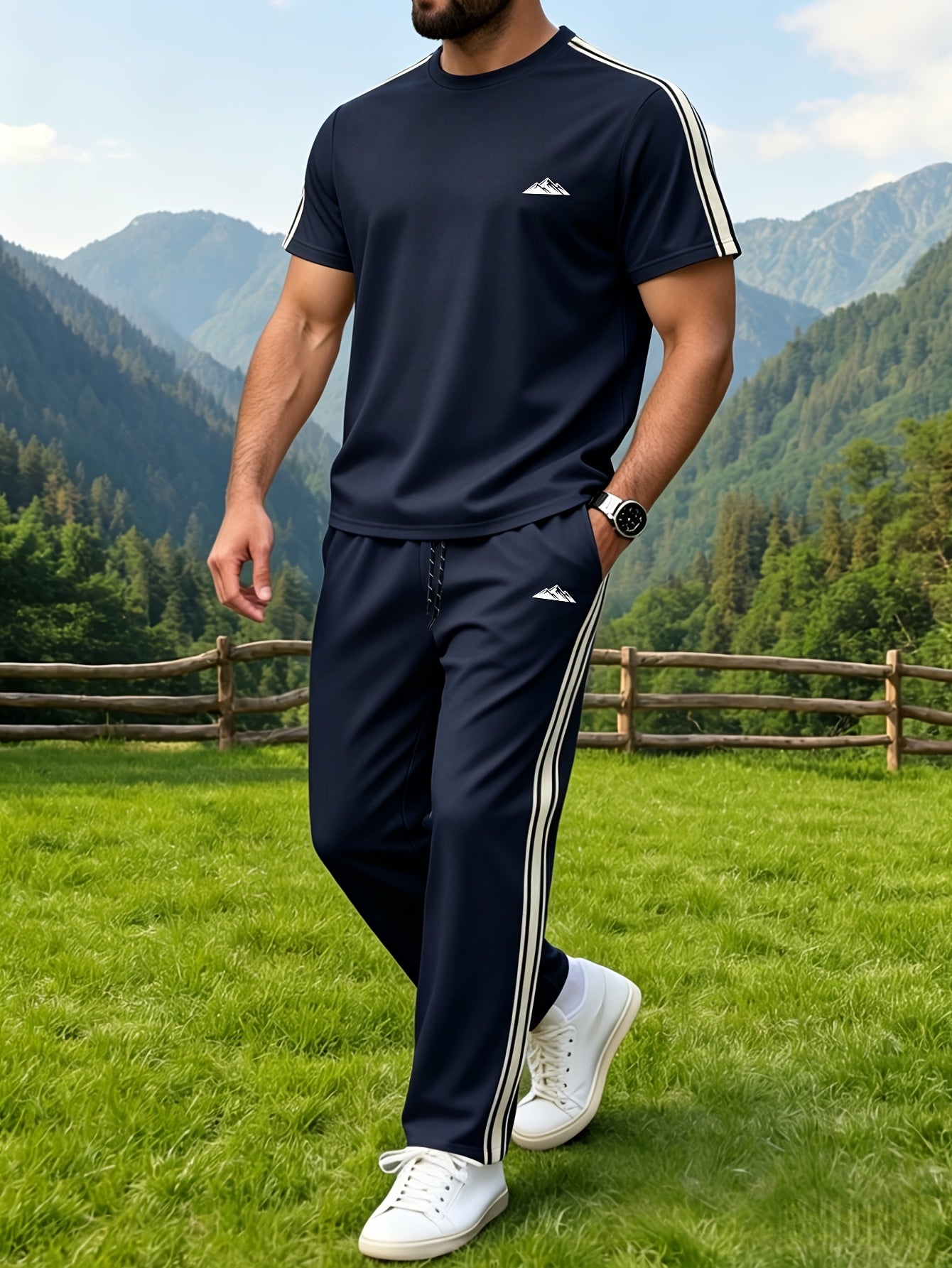 Men's Summer Quick-Dry Tracksuit Set with Striped Tee & Sweatpants