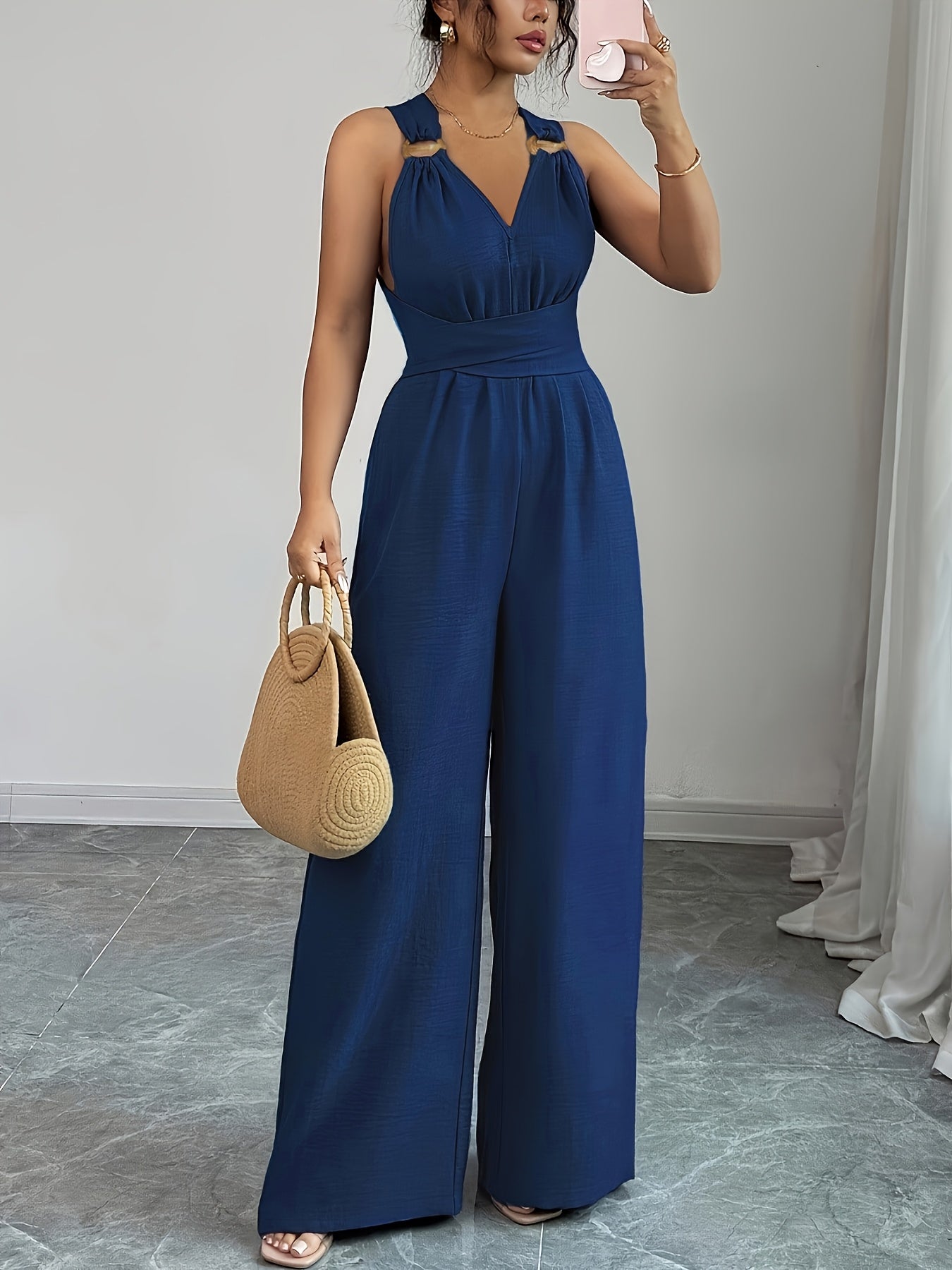 Elegant Women’s V-Neck Polyester Jumpsuit with Belt and Wide Legs