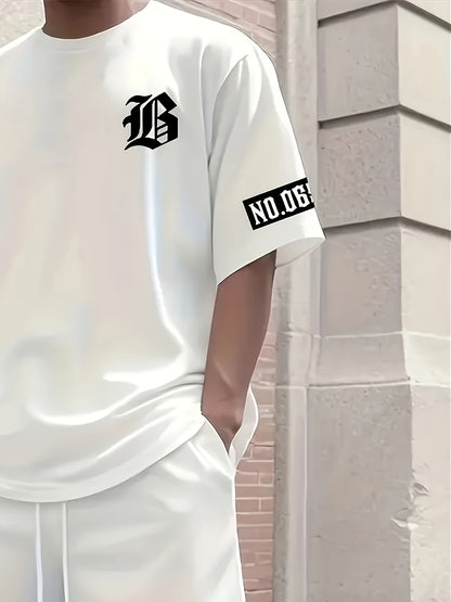 Men's Casual T-Shirt and Shorts Set with Bold "B" Print - Polyester Knit Fabric, Machine Washable, Summer Streetwear, Perfect for Outdoor Activities and Comfortable Leisure Wear