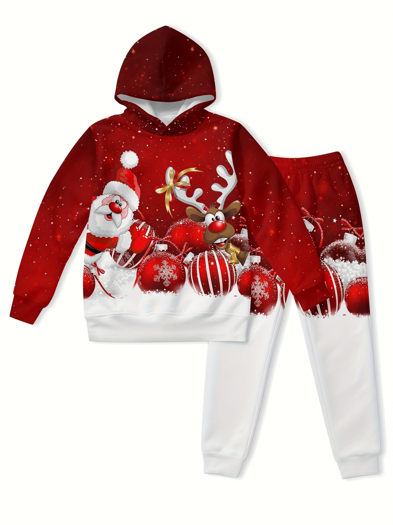Spring and Autumn Boys' Hooded Sweatshirt 2pcs Set, Red and White Polka Christmas Cool 3D Gift Print Pattern, Matching Shirt and Joggers, Suitable for Outdoor Indoor