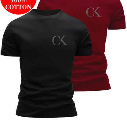 2pcs 100% Cotton Men's T-Shirts, Summer Short Sleeve Slim Fit Tops, Trendy Versatile Casual Basic Style with Minimalist CK Letter Print on Chest for  Flair - ayq
