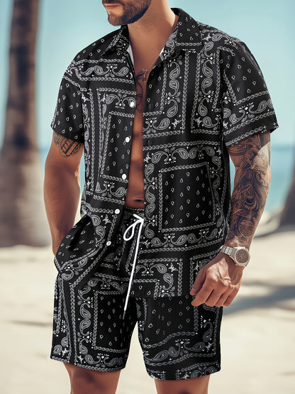 Men's Paisley Print Short Sleeve Shorts Single Button Shirt Suit with Elastic Cord and Pockets