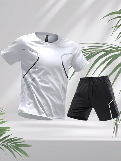 2pcs Men's Running Sportswear Set Summer Ice Sliky Fiber Fabric Quick-Dry Sweat-Absorbent Fitness Casual Short Sleeve Shorts Outfit