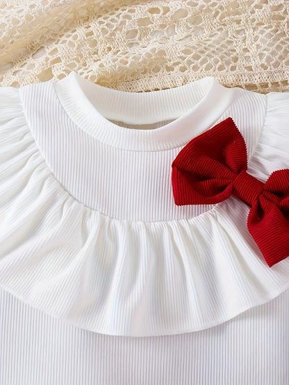 Girls' White Ruffled Sleeve Top & Red Pleated Skirt Set - Sweet Princess Style, Round Neck, Lightweight & Breathable Fabric, Perfect for Spring/Fall, Includes Matching Bow Tie, Ideal for Casual or Special Occasions, Princess