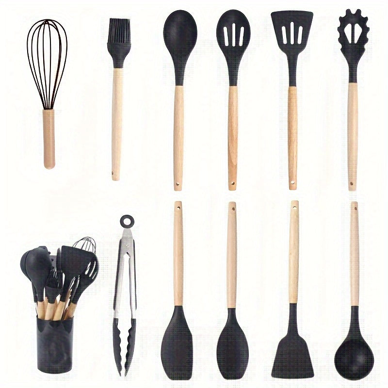 12pcs, wooden handle silicone kitchenware 12 sets, high temperature silicone spatula, spoon, cream spatula, slotted spoon, spaghetti grab, thick spoon, non-stick cooking spoon set, kitchen cooking tools, silicone kitchen uten