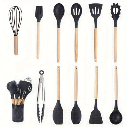 12pcs, wooden handle silicone kitchenware 12 sets, high temperature silicone spatula, spoon, cream spatula, slotted spoon, spaghetti grab, thick spoon, non-stick cooking spoon set, kitchen cooking tools, silicone kitchen uten