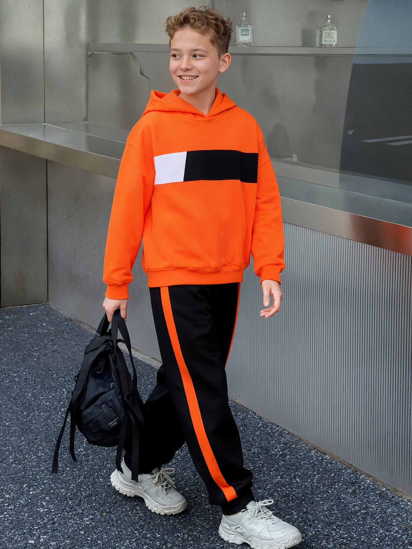 2pcs Boys' Winter Hooded Sweatsuit & Pants - Warm Sweater Outfit with Matching Long Pants, Colorblock Hoodie (Suitable for & Big Kids) - Machine Washable 2pcs set, Perfect for Outdoor