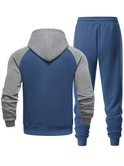 Men's Casual Sports Hoodie Two-Piece Set Four Seasons Color-Matching Zipper Drawstring Waist Jogging Suit